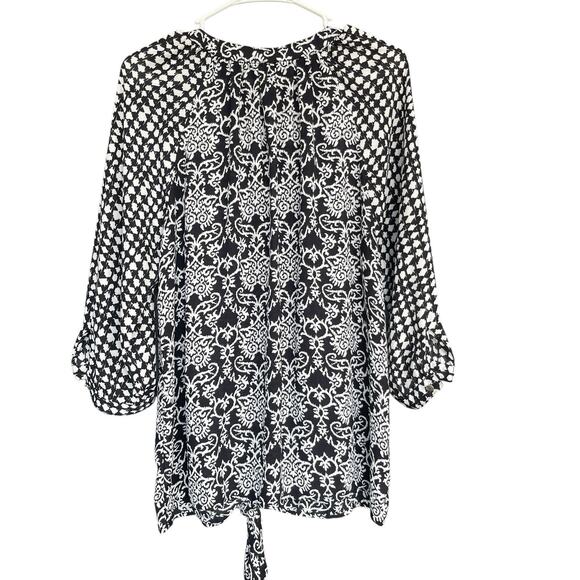 Notations Womens Blouse Plus Size 1X Black White Floral 3/4 Sleeve Office Front - Picture 2 of 12